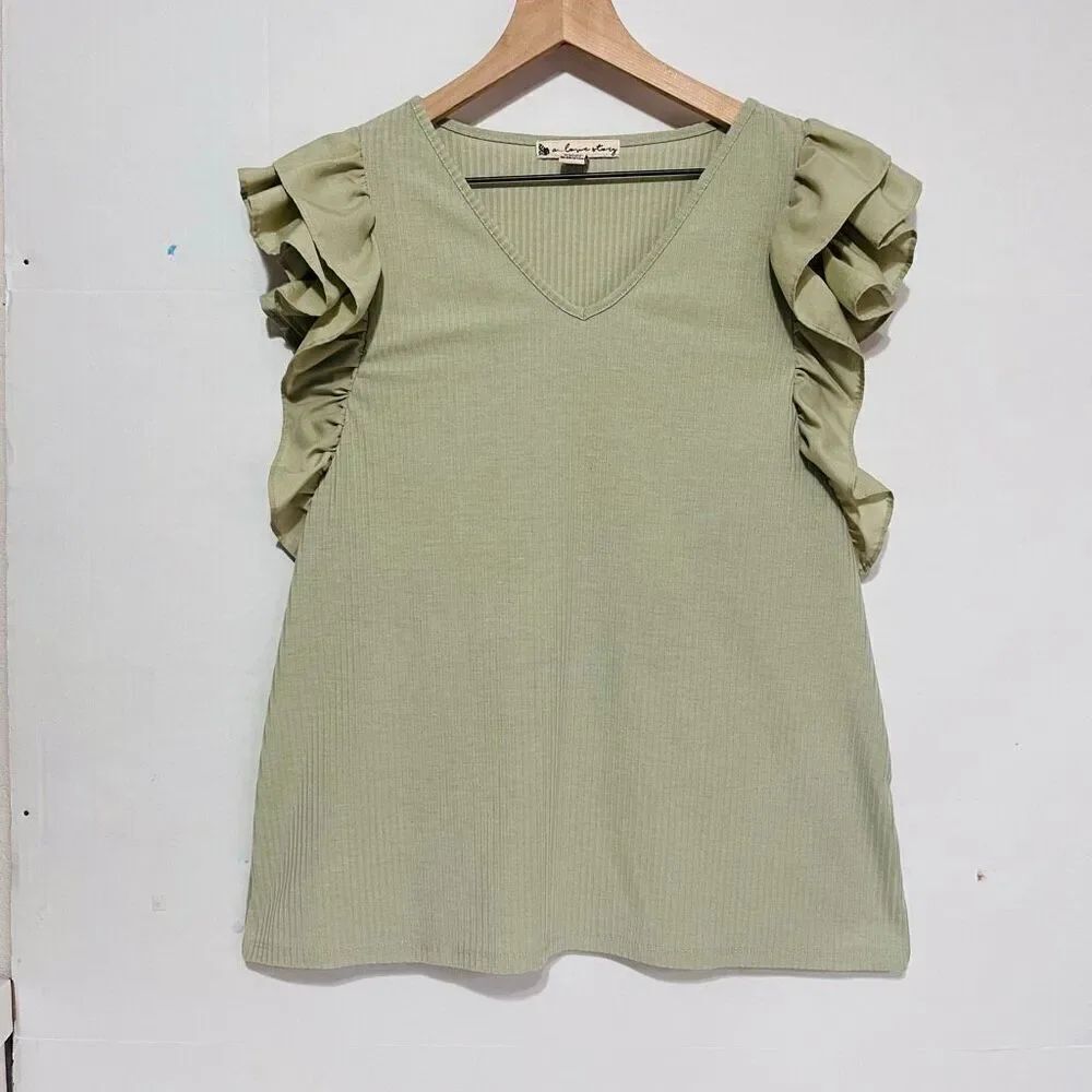 A Love Story Green Ribbed Ruffled Sleeve Top Size XL